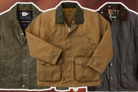 a collage of the best waxed jacket on a burnished brown and red background