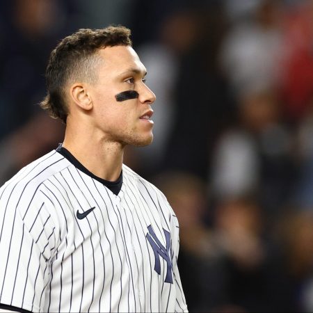 Aaron Judge of the New York Yankees looks on against the Astros.