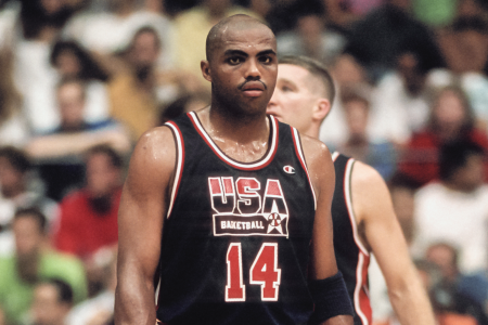 Dream Teamer Charles Barkley on the court game against Puerto Rico in Barcelona in 1992.