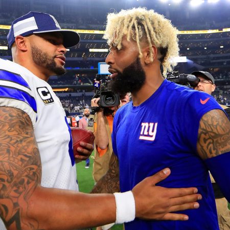 Dak Prescott of the Cowboys greets Odell Beckham Jr. in 2018.