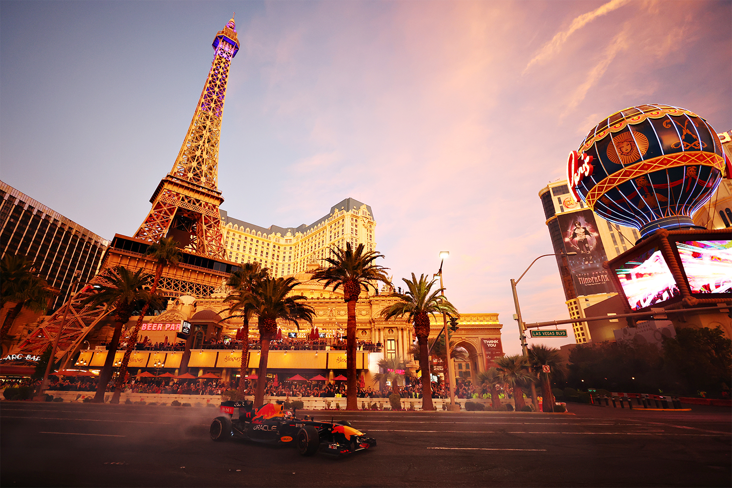 Sergio Perez of Red Bull driving on the Vegas Strip during the Formula 1 Las Vegas Grand Prix 2023 launch party on November 05, 2022