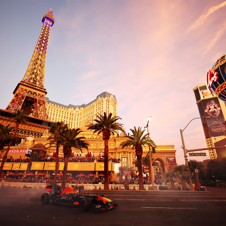 Sergio Perez of Red Bull driving on the Vegas Strip during the Formula 1 Las Vegas Grand Prix 2023 launch party on November 05, 2022