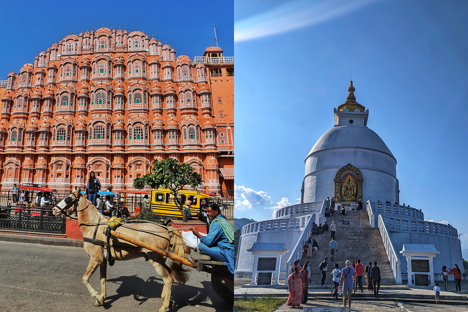 Hawa Mahal in Jaipur, India's "Pink City," and Shanti Stupa in Pokhara, Nepal.