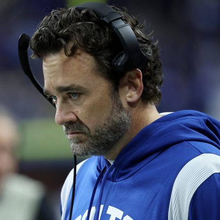 Colts coach Jeff Saturday looks on against the Steelers.