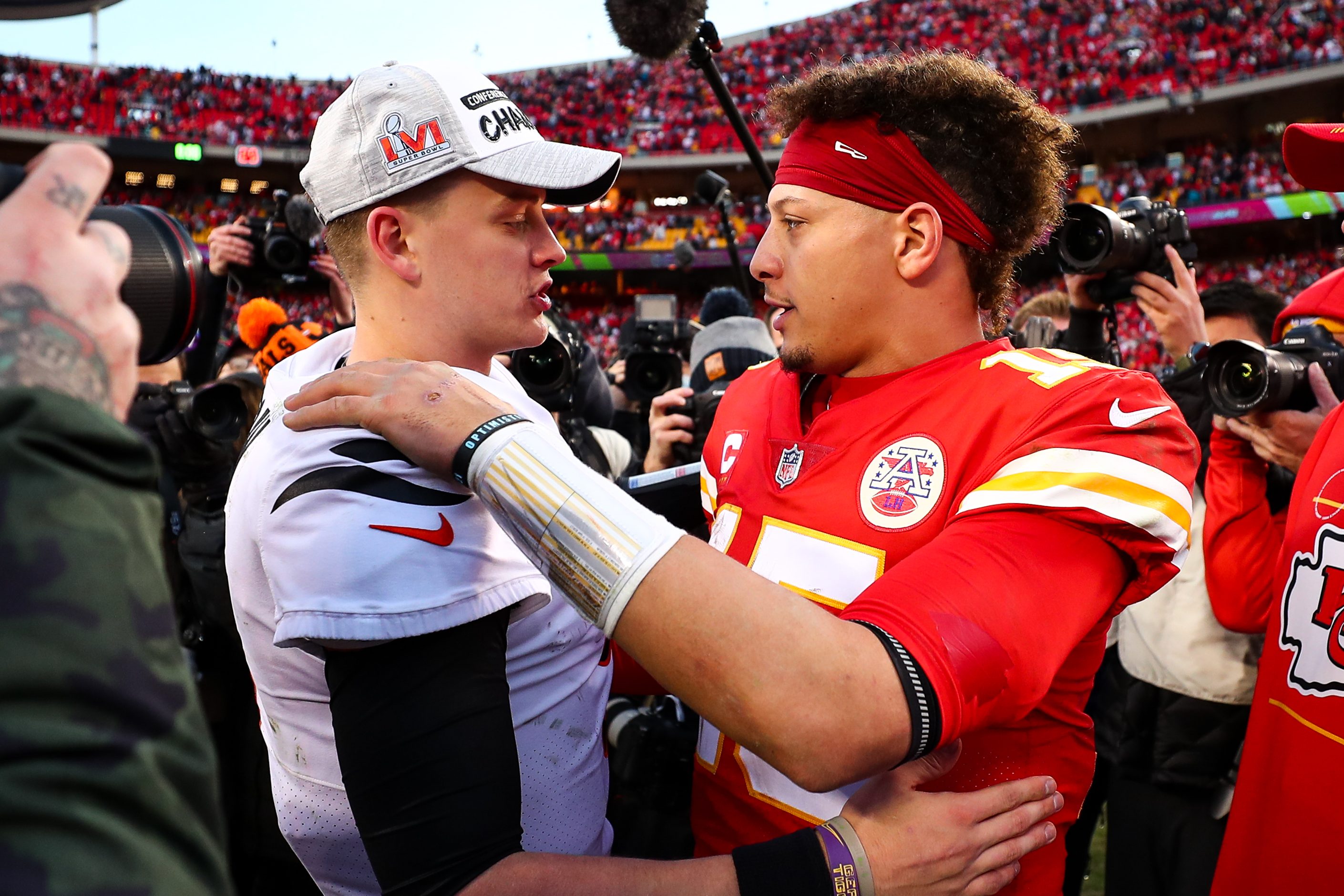 Joe Burrow hugs Patrick Mahomes after the AFC Championship Game.