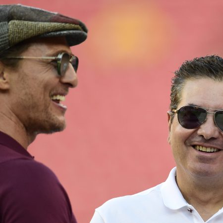 Matthew McConaughey talks with Washington owner Dan Snyder in 2019.