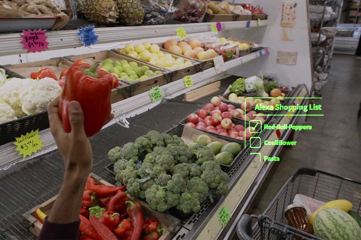 A person at a grocery store creating an Amazon Alexa grocery list displayed in a smart contact lens from Mojo Vision