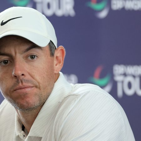 Rory McIlroy speaks to the media at a preview for the DP World Tour Championship in Dubai.