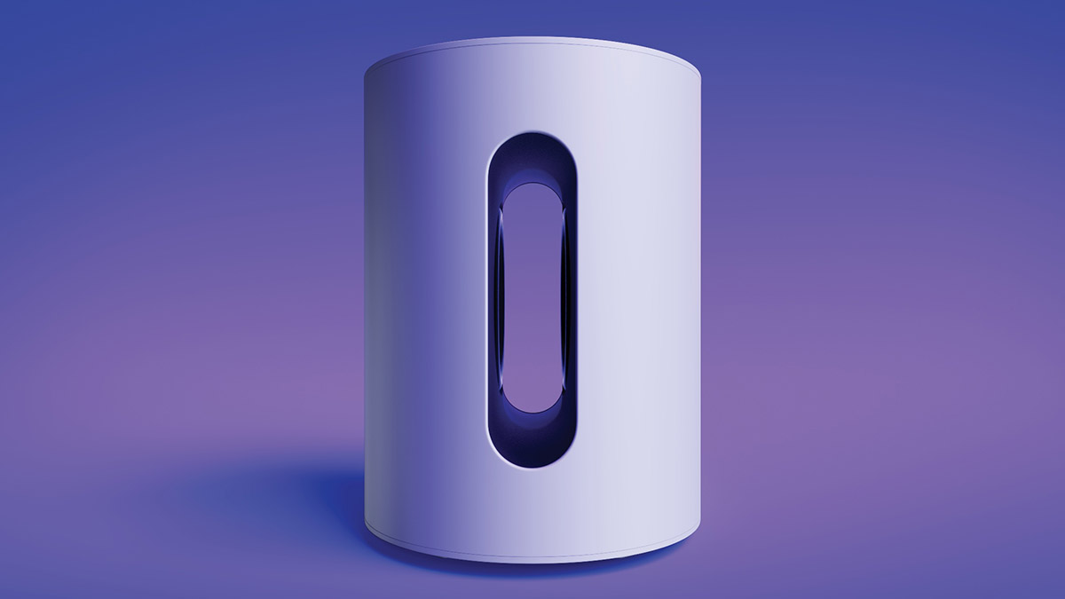 A white Sonos Sub Mini on a purple background. The mini is a new compact subwoofer.