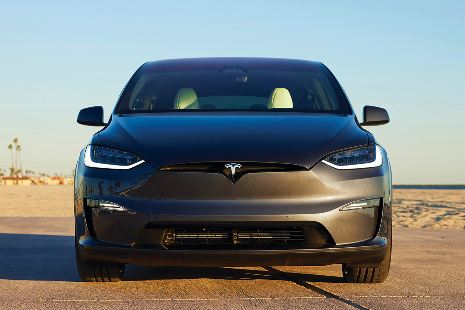 The front of a Tesla Model X Plaid electric SUV