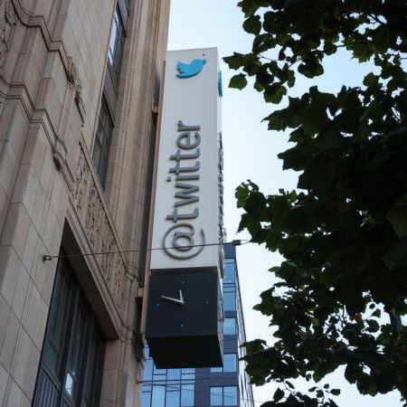 A view of the sign outside Twitter HQ, where a content moderation problem shows the issue with Elon Musk's actions