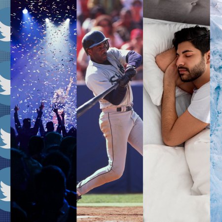 A collage image featuring Twitter icons, a concert, an MLB player, a man sleeping and Antarctica. These are all part of our 2023 trends and predictions for American men.