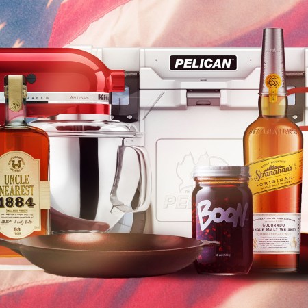 American-made gifts from our holiday gift guide: a KitchenAid stand mixer, two bottles of whiskey, a Pelican cooler, a Smithey skillet and a jar of chili oil