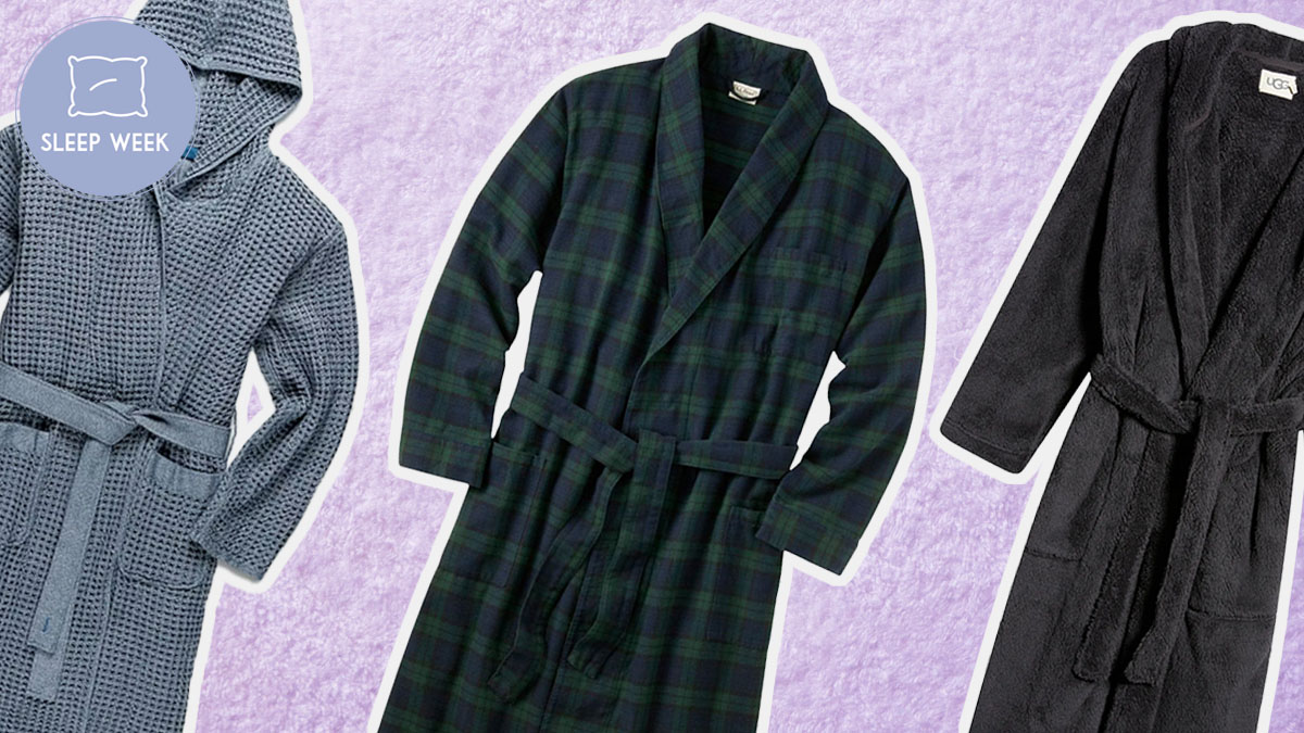 a collage of the best robes for men on a lavender towel background