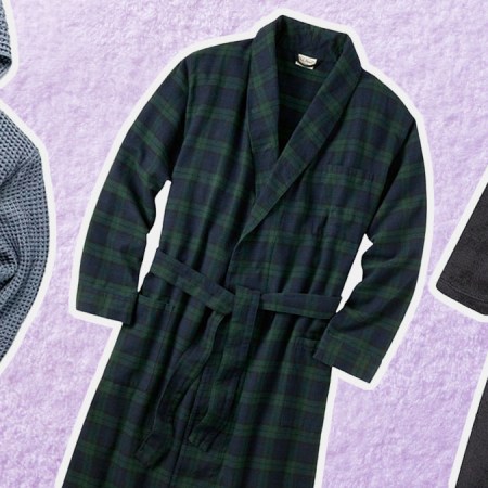 a collage of the best robes for men on a lavender towel background