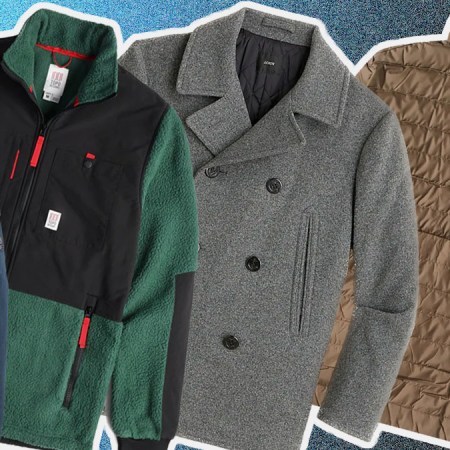 a collage of winter jackets on a grey background