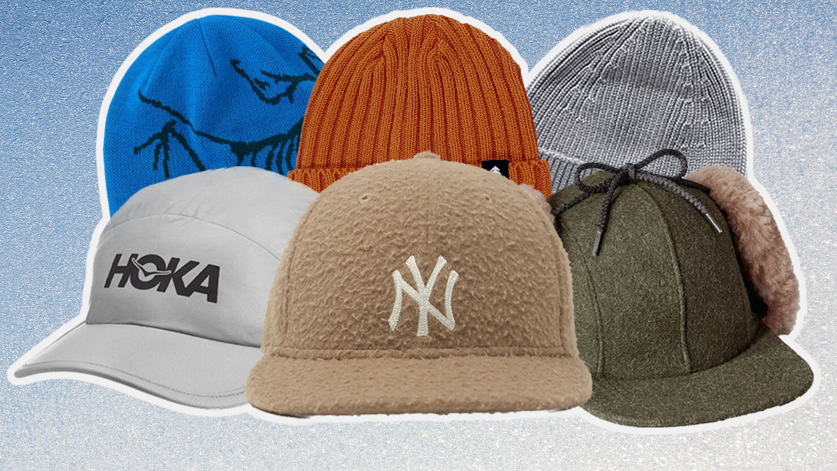 a collage of the best winter hats for men on an icy blue background