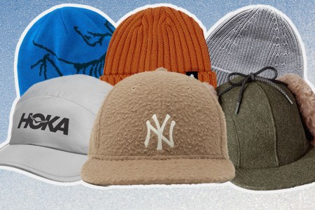 a collage of the best winter hats for men on an icy blue background