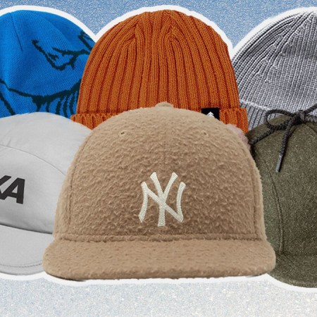 a collage of the best winter hats for men on an icy blue background