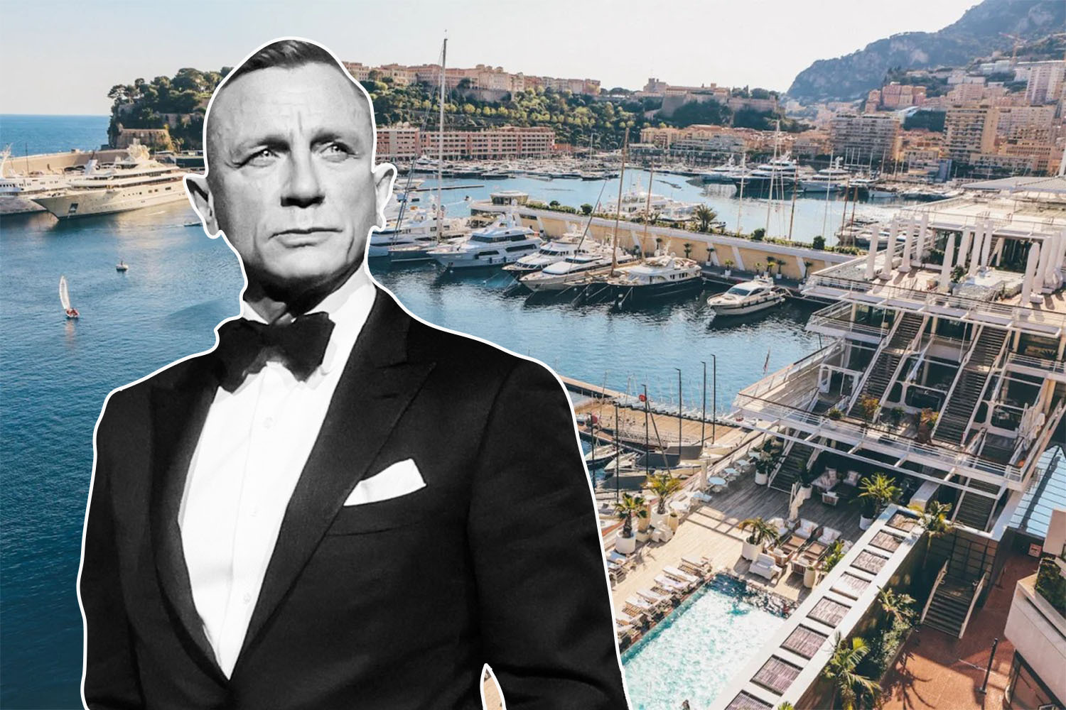 daniel craig as james bond overlaid on a photo of monaco