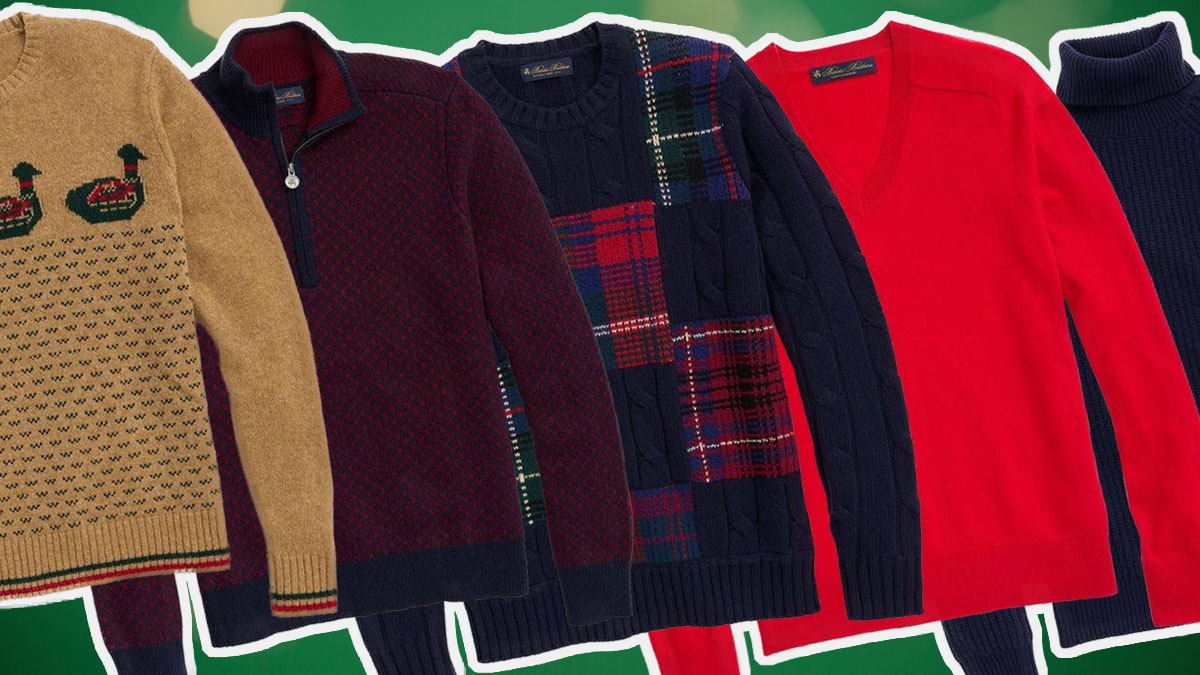 a collage of sweaters from the Brooks Brothers Sweater Sale on a green background