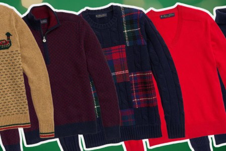 a collage of sweaters from the Brooks Brothers Sweater Sale on a green background