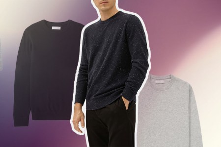 a model in an Everlane sweater against a gradient background