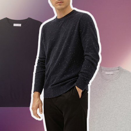 a model in an Everlane sweater against a gradient background