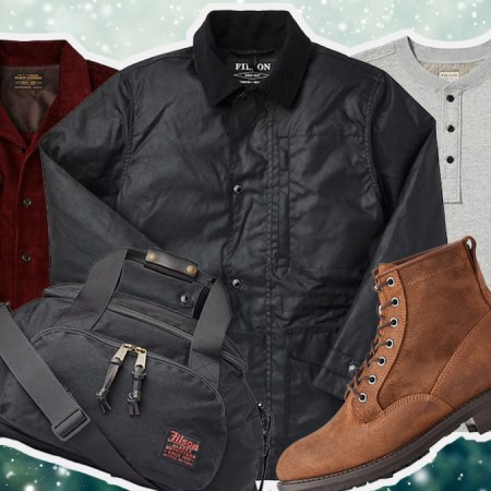 a collage of items from the Filson Winter Sale on a wintery background