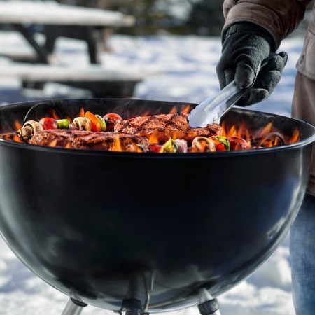 Cooking Steaks and Kababs on a Backyard BBQ in the Middle of Winter