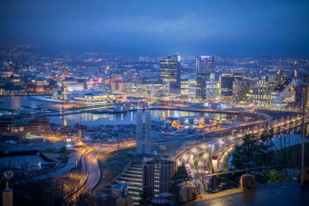 A view of the Oslo business district at dusk