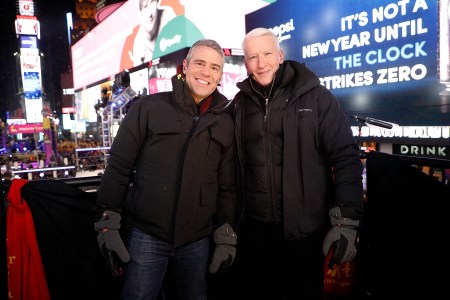 Andy Cohen and Anderson Cooper host CNN's New Year's Eve coverage at Times Square on December 31, 2017 in New York City.