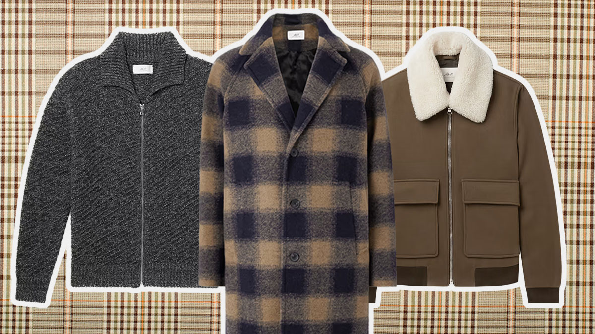 a trio of Mr Porter jackets and sweaters on a tan checked background