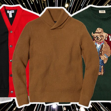 a collage of New Year's Eve Sweaters on a black firework background