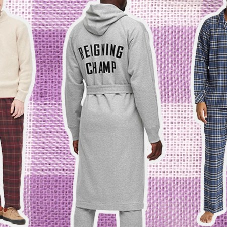 A collage of models wearing PJs on a checked background