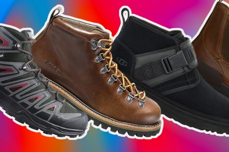 a collage of winter boots on sale on an icy background