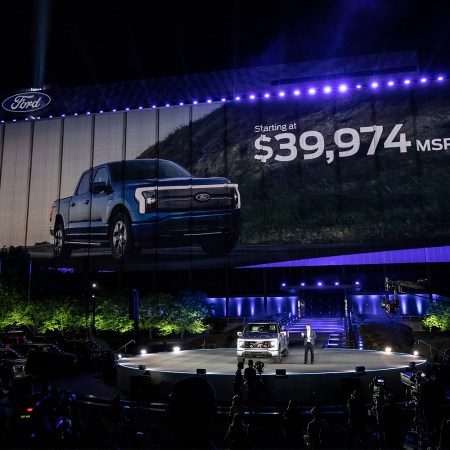 The F-150 Lightning at the unveiling event at Ford World Headquarters in Dearborn, Michigan, on May 19, 2021