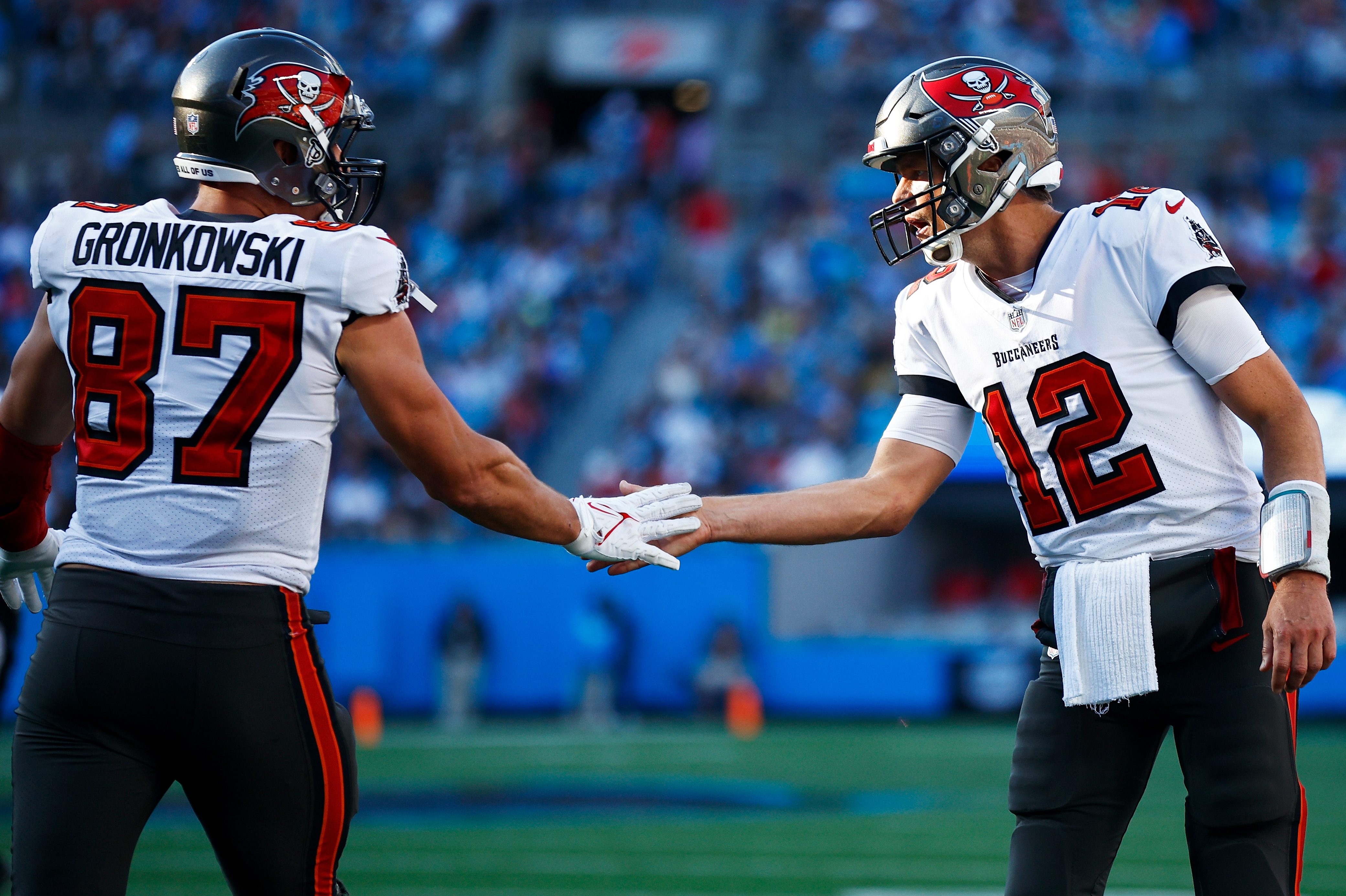 Tom Brady and Rob Gronkowski react after a Tampa Bay touchdown.