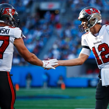 Tom Brady and Rob Gronkowski react after a Tampa Bay touchdown.