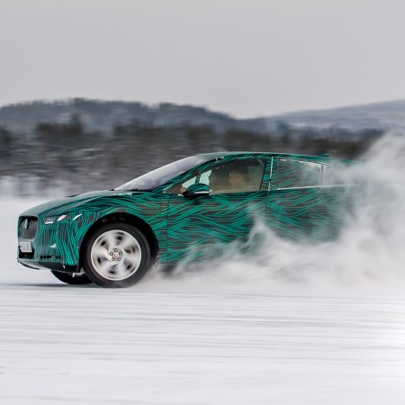 A Jaguar I-Pace concept testing in the middle of winter. New research put the I-Pace as one of the best performing EVs in cold weather.