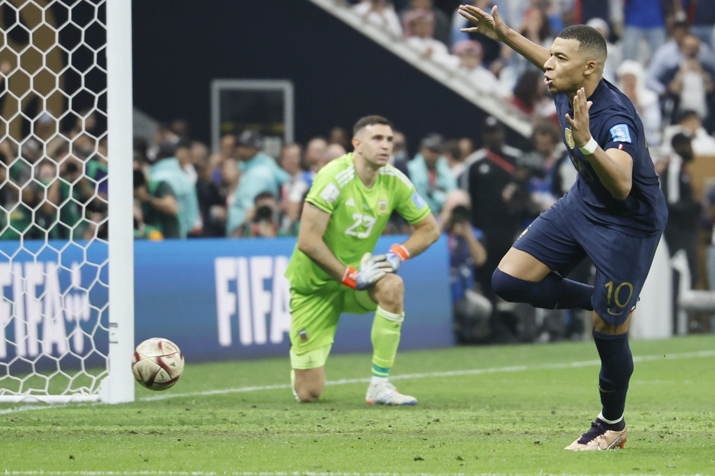 Kylian Mbappe celebrates after scoring against Argentina at the World Cup.