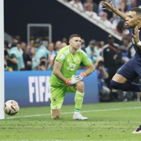 Kylian Mbappe celebrates after scoring against Argentina at the World Cup.