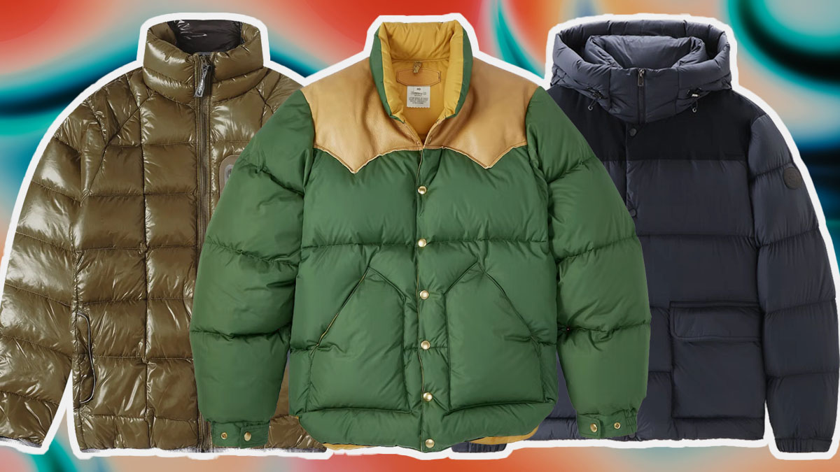 A collage of the best men's puffer jackets on a multi-colored patterned background