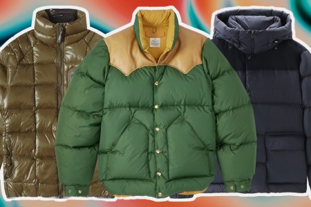 A collage of the best men's puffer jackets on a multi-colored patterned background