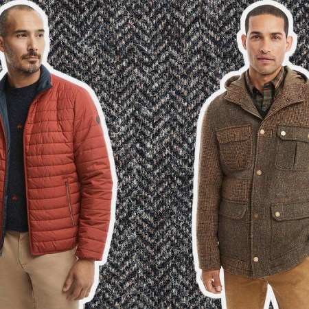 a collage of Brooks Brothers model on a tweed background