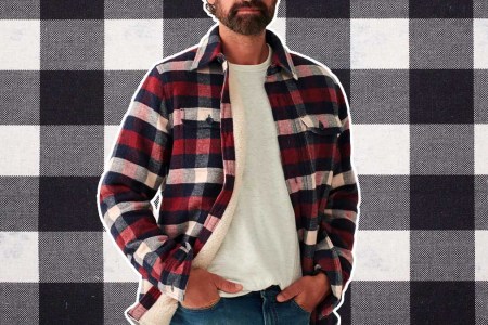 Faherty High Pile Fleece Plaid CPO on a black and white plaid background