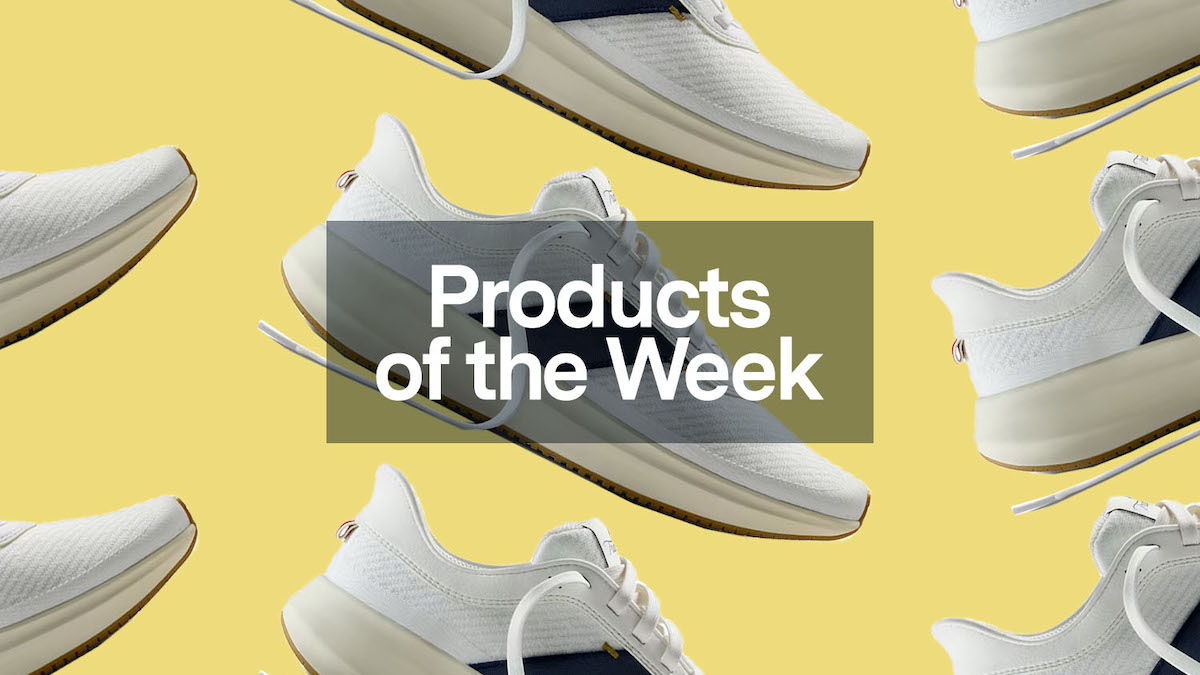 a collage of Tracksmith running shoes on a yellow background overlayed with the Products of the Week logo