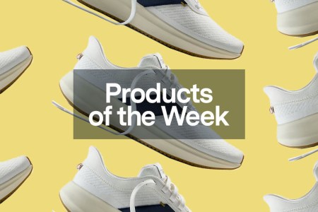 a collage of Tracksmith running shoes on a yellow background overlayed with the Products of the Week logo