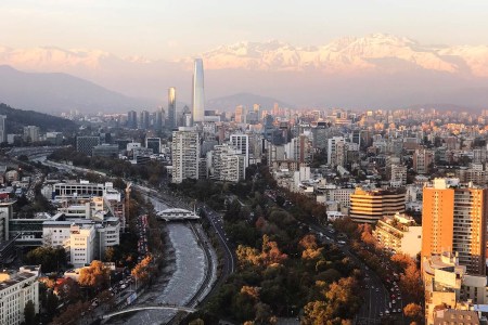 Aerial view of Santiago, Chile in front of the Andes Mountains