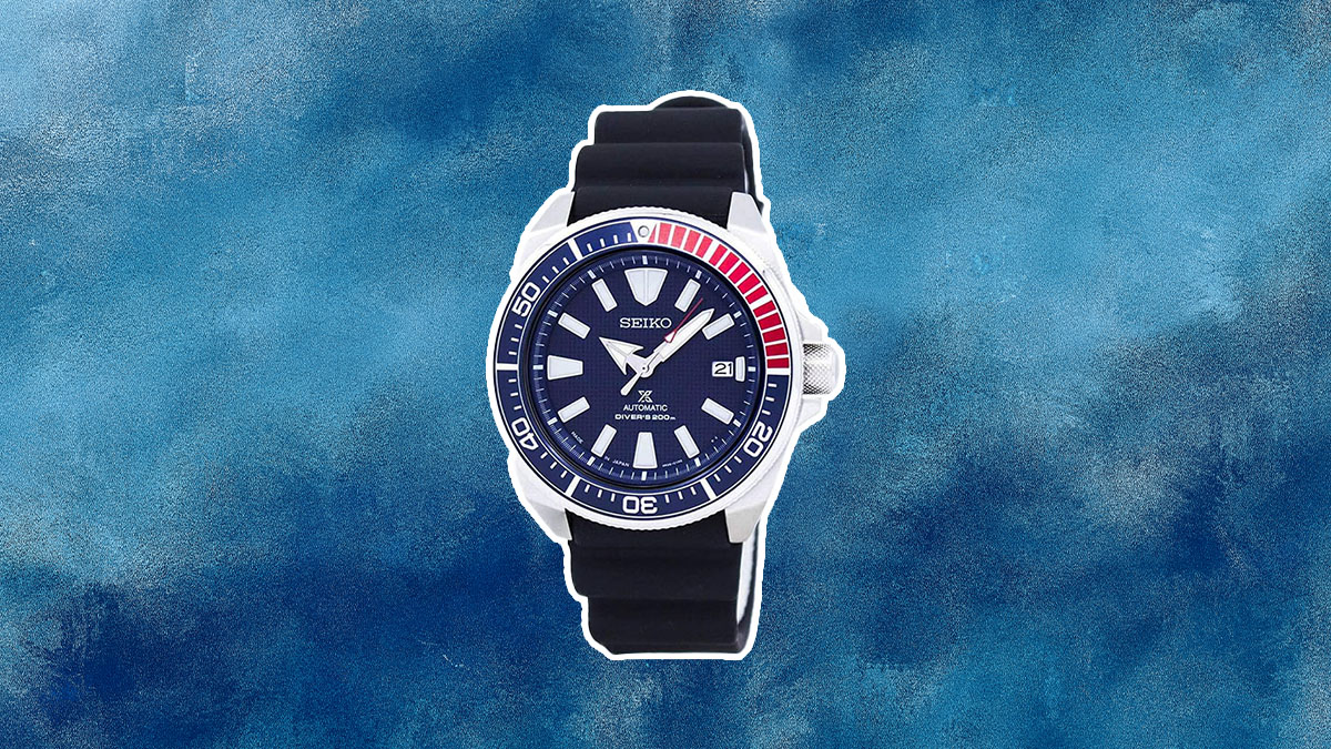 A Seiko Watch on an abstract blue water color background